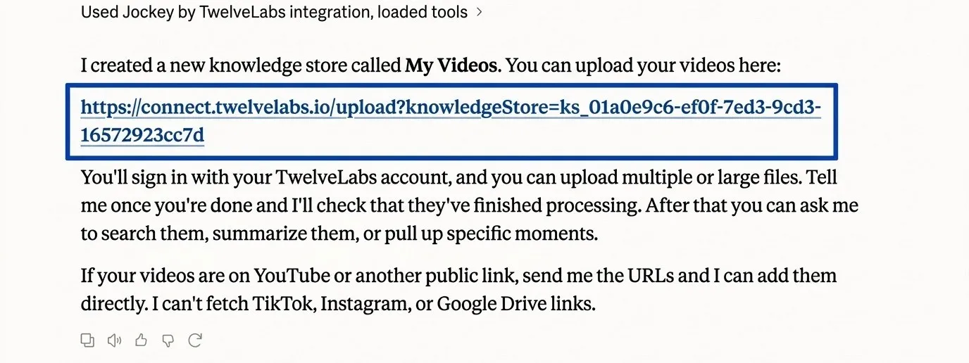Claude replying with a link to upload videos