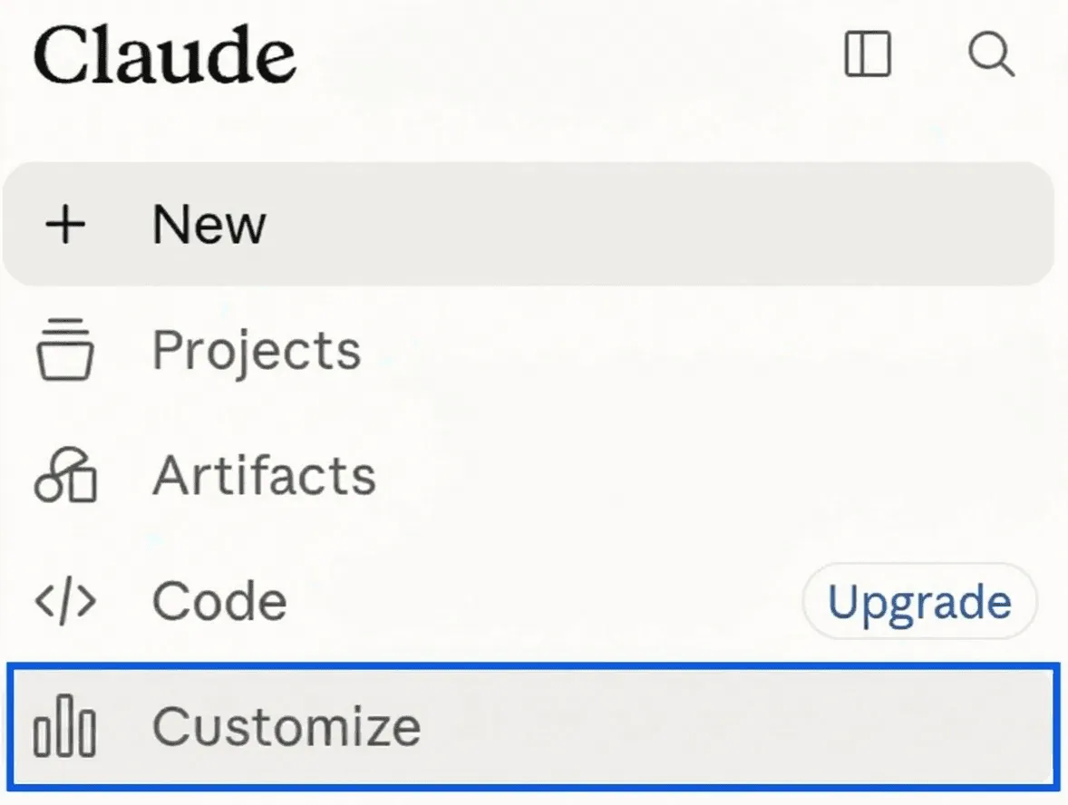The Claude sidebar with Customize highlighted