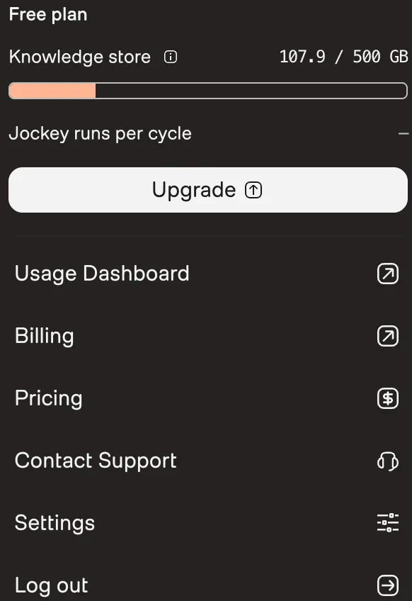 The Connect account menu showing plan, storage use, Jockey runs, usage dashboard, billing, pricing, support, and settings